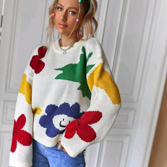 Floral Pattern Drop Shoulder Sweater - Picture 4 of 8